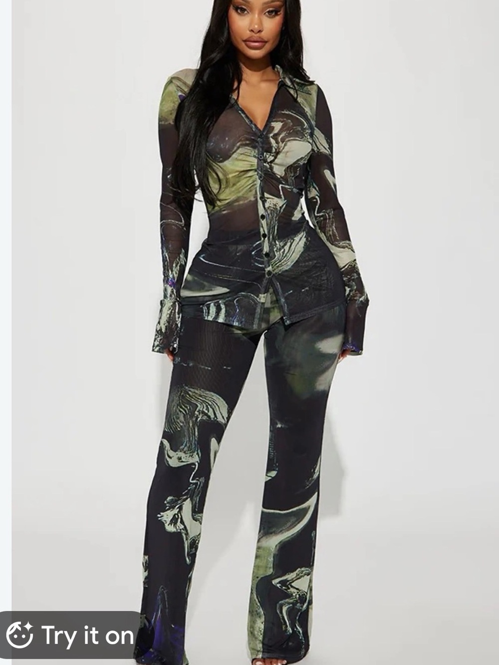 Fashion Nova Black & Olive Printed Sheer Shirt with Wide-Leg Pants Set